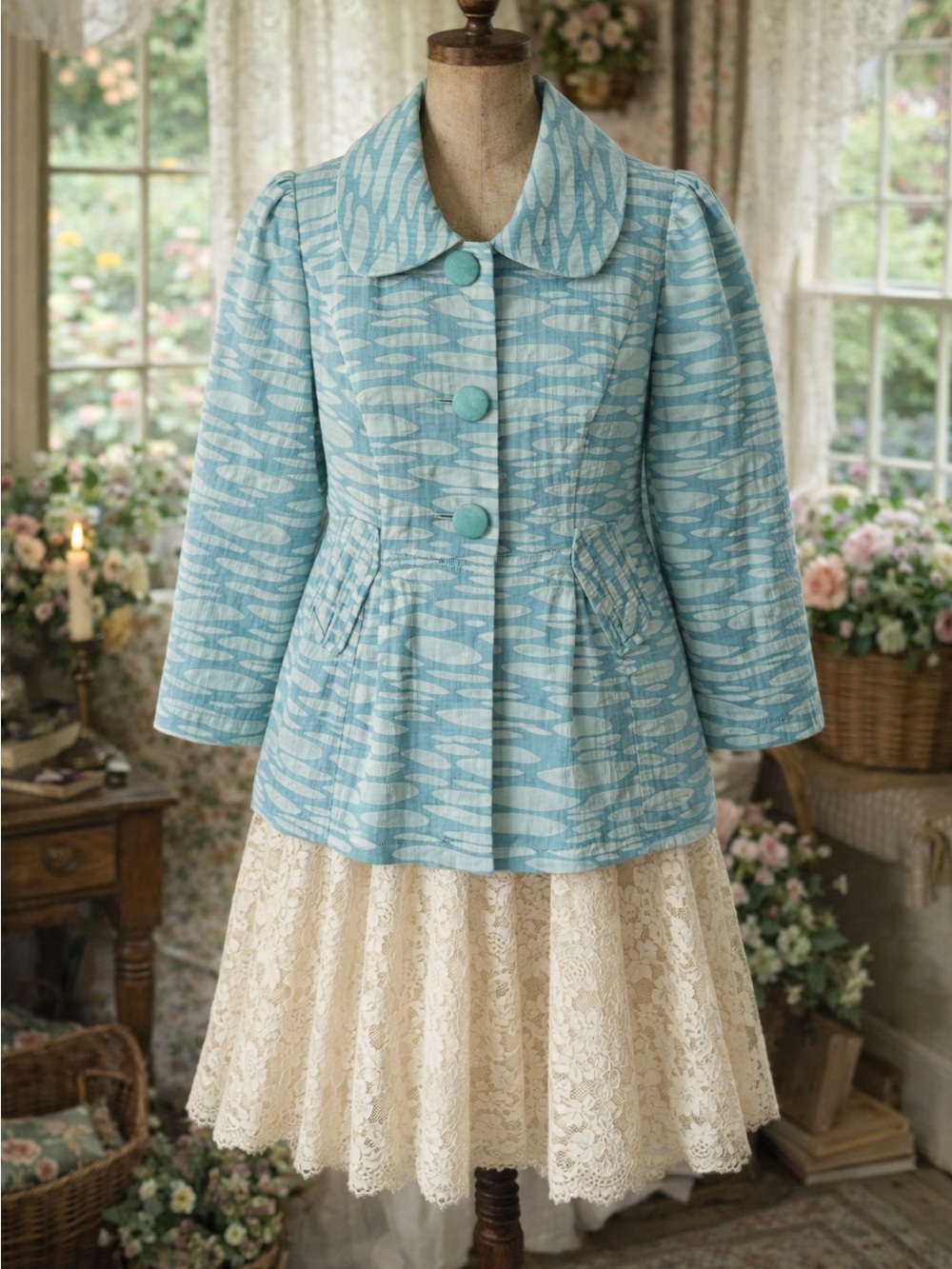Retro 1960s Mac & Jac Light Blue Patterned Peacoat jacket